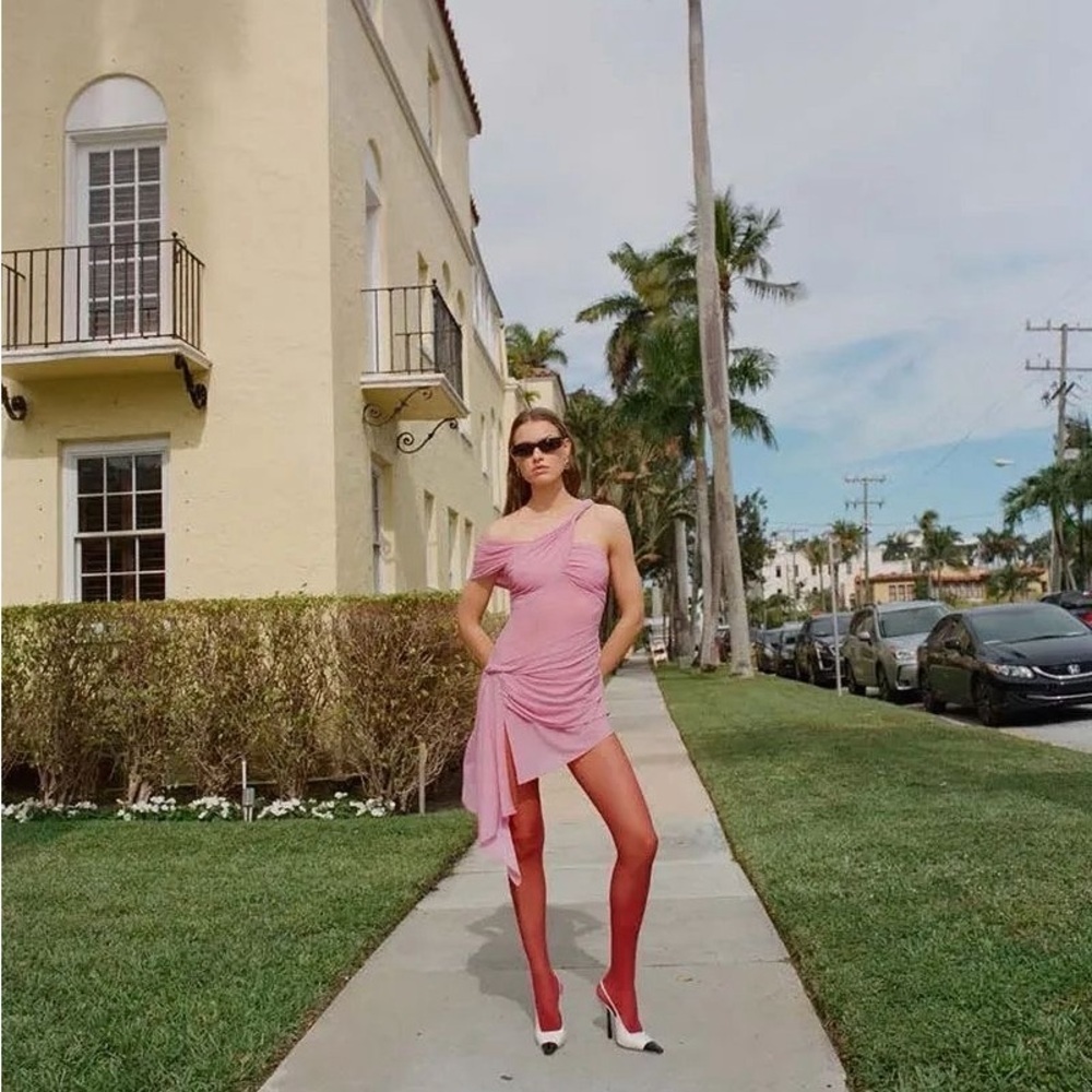 RONNY KOBO Pink Izel Asymmetric Twisted Mini Dress